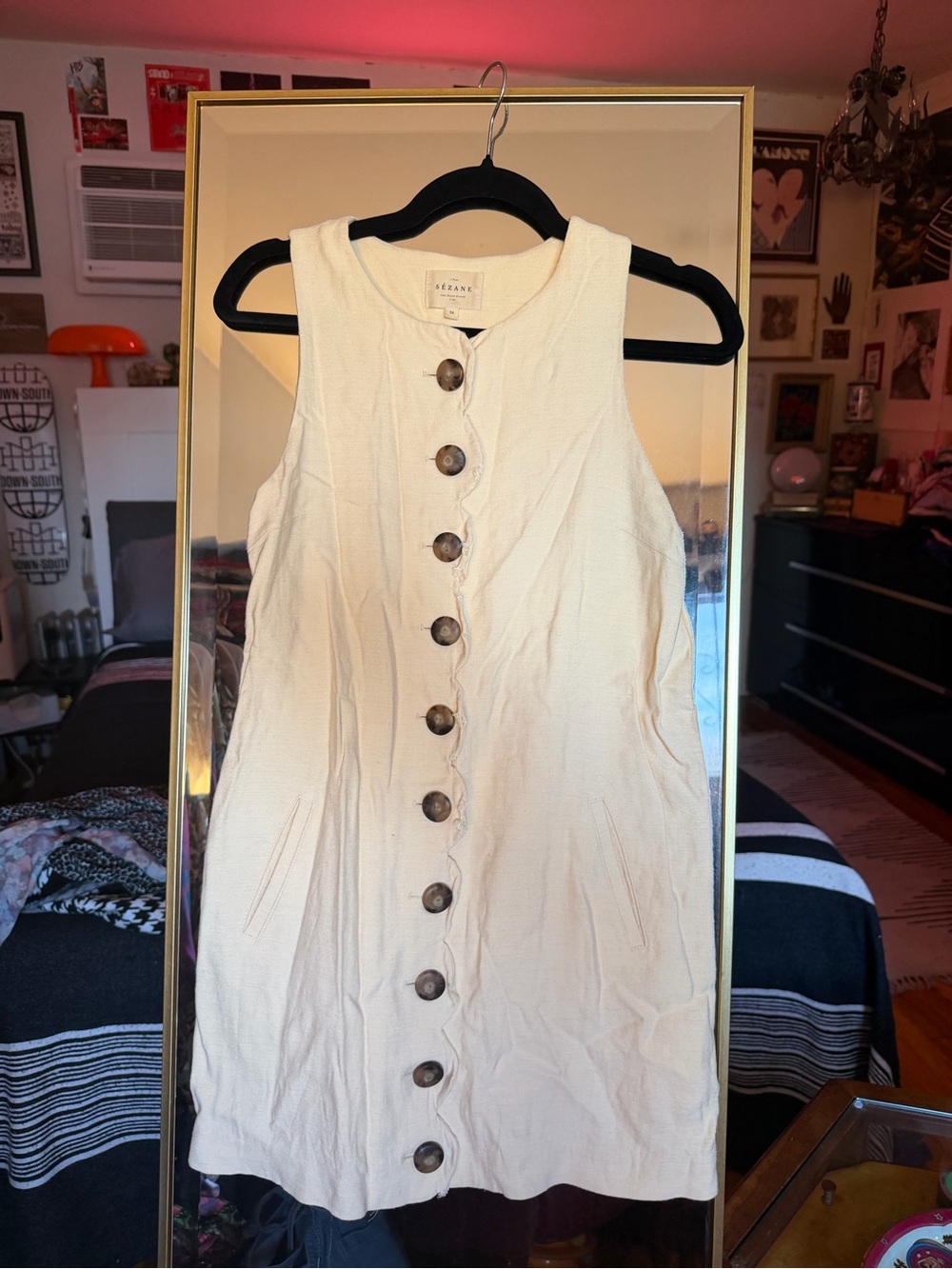 Sezane Cream Button-Front Sleeveless Linen Dress w raw edges